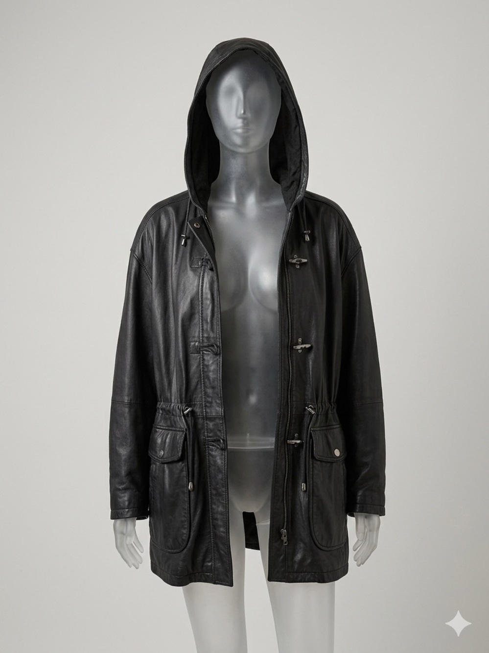 WILSON Vintage Black Bomber Leather Jacket 80s Hooded Toggle Cinch Waist XL